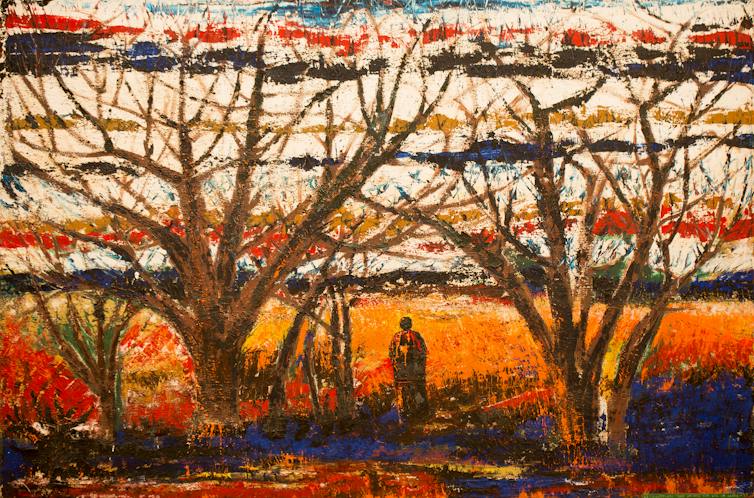A drawing of a man walking along a path, the fields ahead of him deep orange, trees looming above him bare of leaves.